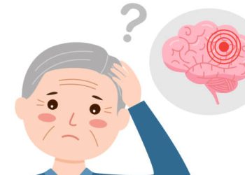 Illustration of elderly person with confused expression and brain symbol showing damage