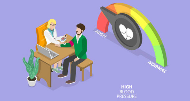 Doctor checking patient's blood pressure with high reading on gauge illustration