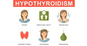 Illustration showing symptoms of hypothyroidism including fatigue, weight gain, and constipation