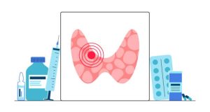Illustration of thyroid gland with surrounding medication and injections representing treatment for secondary hyperparathyroidism