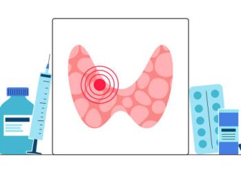 Illustration of thyroid gland with surrounding medication and injections representing treatment for secondary hyperparathyroidism