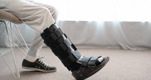 Leg in orthopaedic brace for foot drop treatment