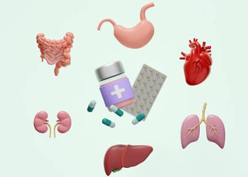 3D illustration of human organs with capsules and tablets used for glomerulonephritis treatment