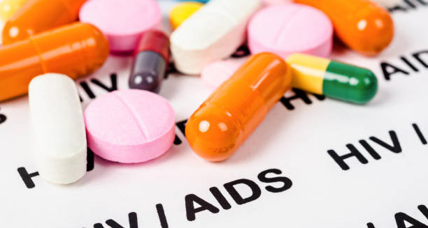 Antiretroviral HIV medication on HIV/AIDS label background