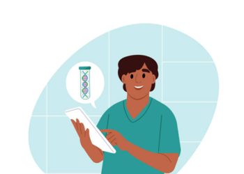 Cartoon doctor reviewing treatment plan for haemochromatosis with DNA symbol