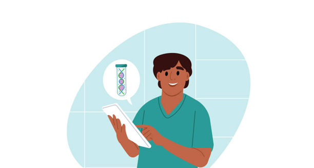 Cartoon doctor reviewing treatment plan for haemochromatosis with DNA symbol