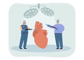 Cartoon illustration of doctors performing heart surgery under operating lights to treat heart block