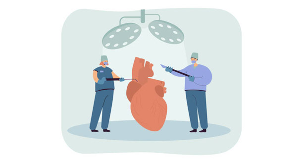Cartoon illustration of doctors performing heart surgery under operating lights to treat heart block