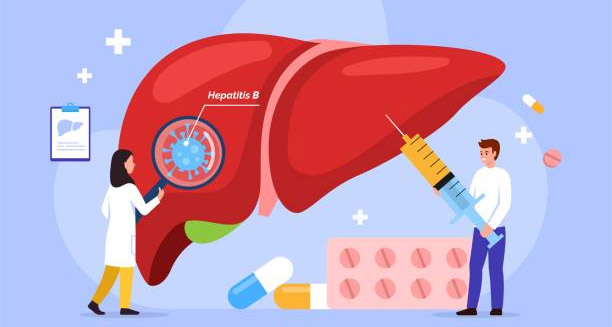 Doctors treating Hepatitis B with medication and vaccine targeting the liver