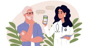 Doctor discussing glucose monitoring with an elderly patient