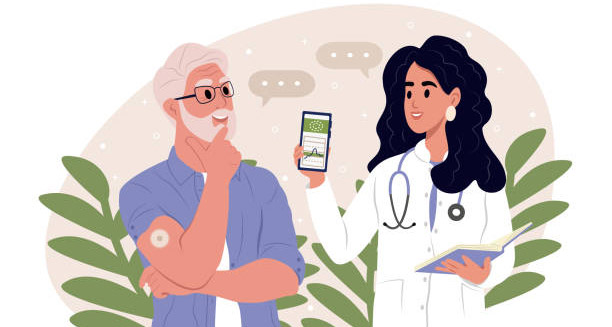 Doctor discussing glucose monitoring with an elderly patient