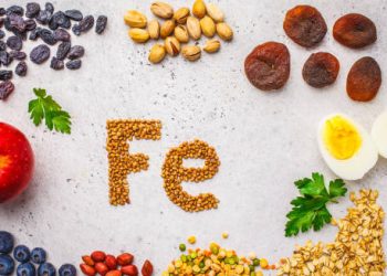 Iron-rich foods like eggs, dried fruits, oats, and legumes arranged around the symbol 'Fe' for iron