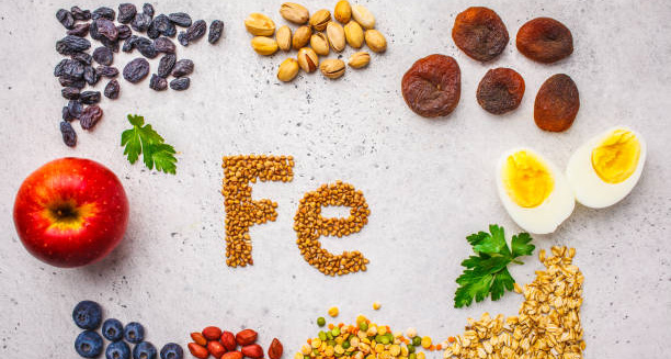 Iron-rich foods like eggs, dried fruits, oats, and legumes arranged around the symbol 'Fe' for iron