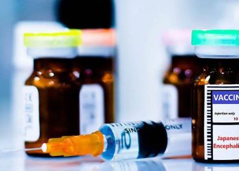 Close-up of vaccine vials and syringe labeled Japanese Encephalitis for treatment and prevention